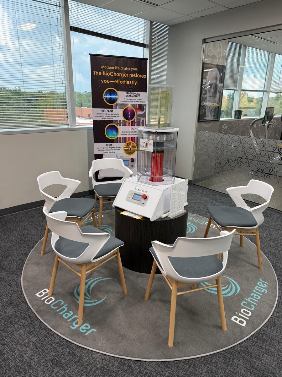 The BioCharger lounge with seating at OsteoStrong Tysons